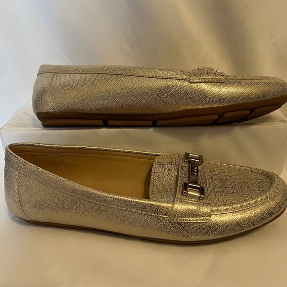 Calvin Klein Women's Metallic Gold Loafers-Size 8 1/2"-Gold/Silver Logo-Comfy - Picture 4 of 15
